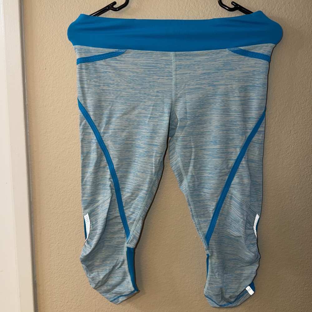lululemon athletica Blue Heathered Capri Leggings with Teal Trim